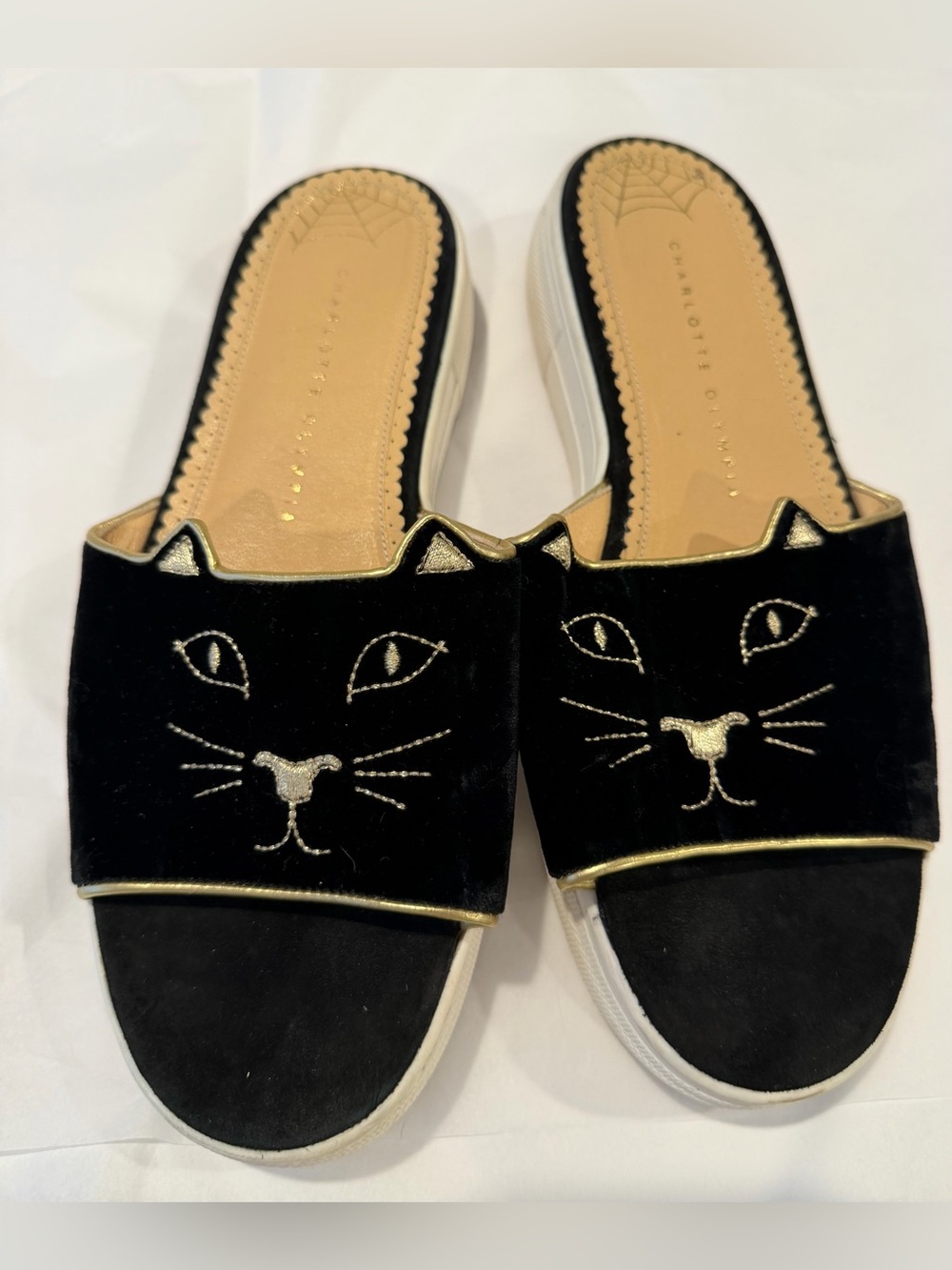 Charlotte Olympia Black Velvet Cat Face Slide Mules with Gold Trim